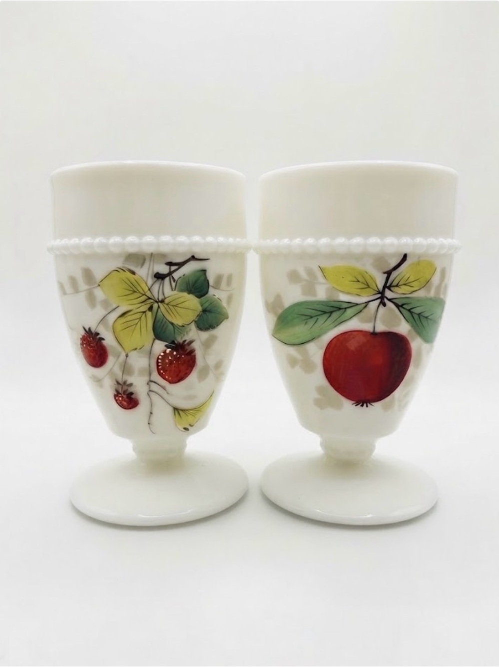 Vintage Milk Glass Footed Goblets with Red Fruit Motif